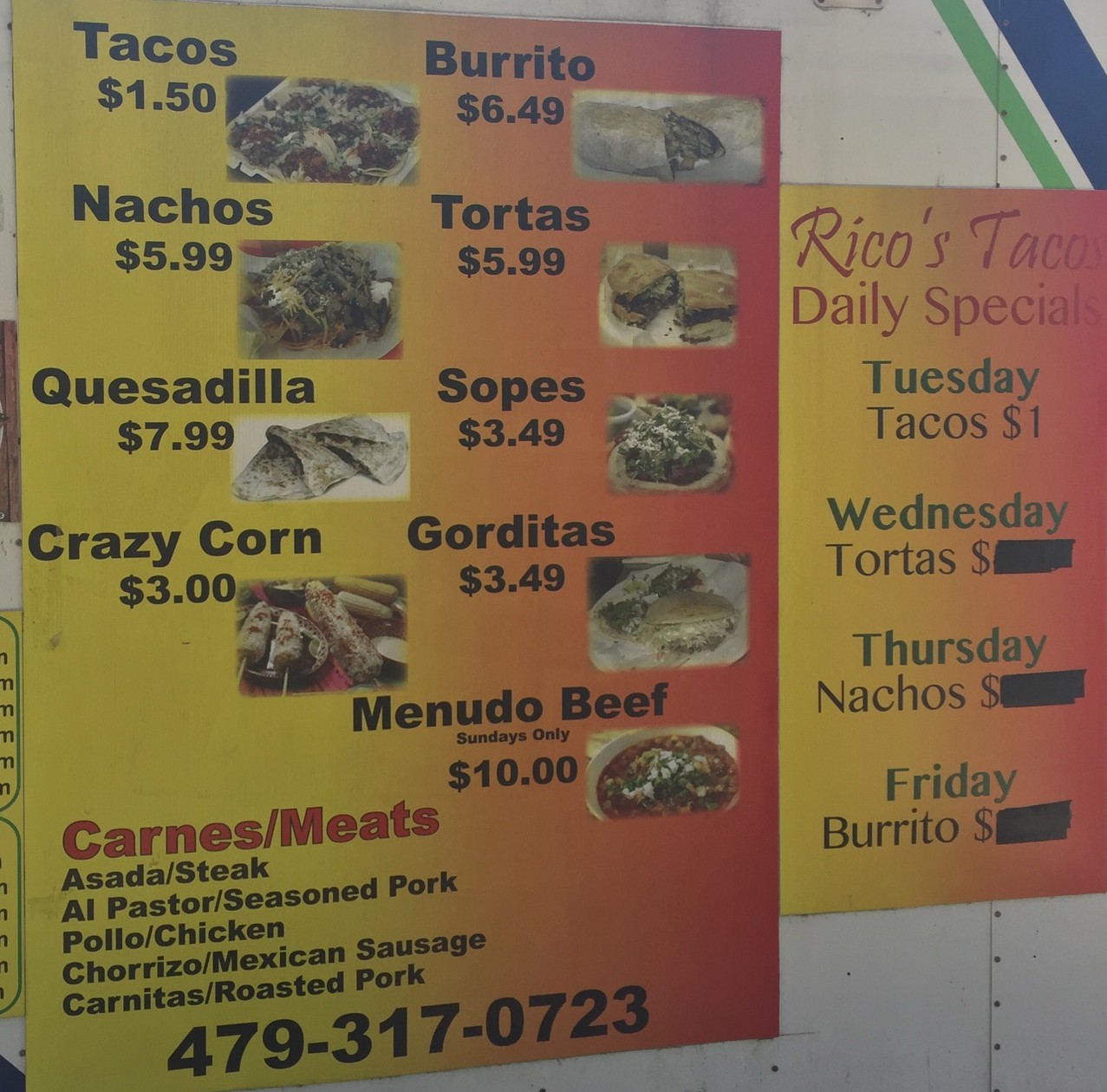 Ricos Tacos menu page 1